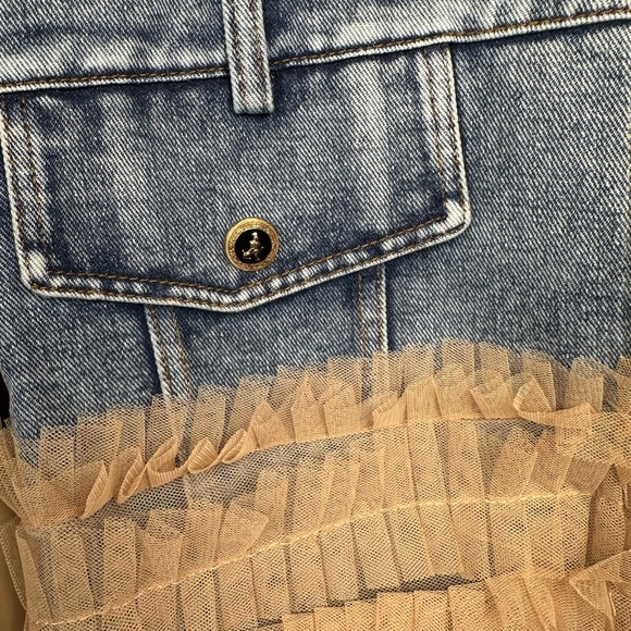 NWT Mesh Layer Bomber Jacket Denim and Tan Ruffle Jacket - Picture 5 of 13